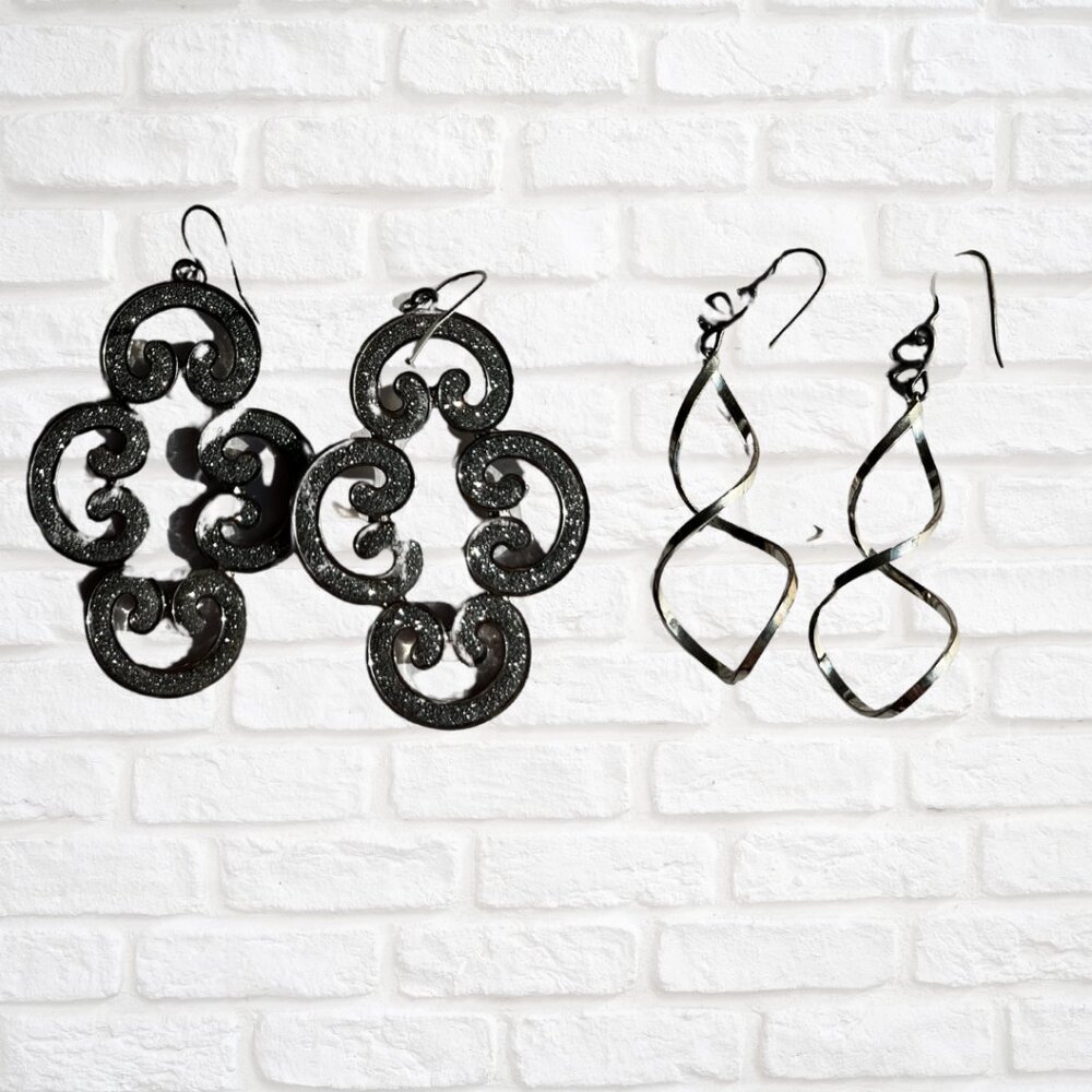 2 Pair Silver Accent Drop‎ Earrings - 3”